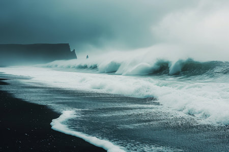 A massive wave crashes forcefully onto the sandy shore of a beach, creating a spectacular display of water meeting land, A minimalist representation of waves crashing on the shore, AI Generatedの素材
