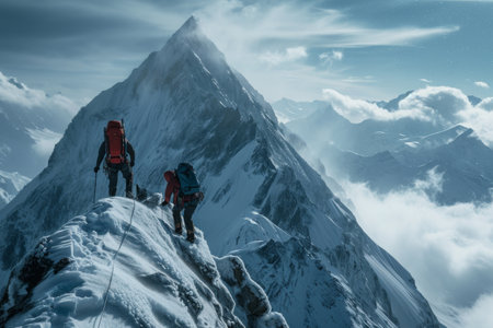 A group of individuals making their way up the side of a mountain covered in snow, A mountaineer aid a friend to reach the pinnacle, AI Generatedの素材