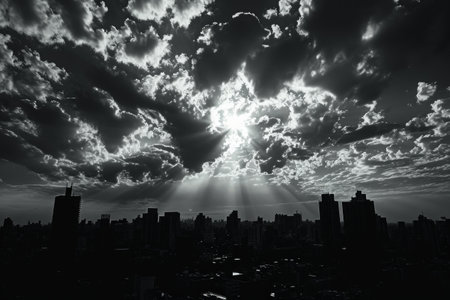 The sun breaks through the clouds, casting a warm glow over a bustling cityscape, A monochrome cityscape silhouette under a cloudy sky, AI Generatedの素材