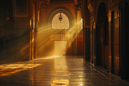 A bright light shines through an open doorway, illuminating the interior of a building, A mosque bathed in warm golden light, symbolizing spiritual enlightenment, AI Generatedの素材
