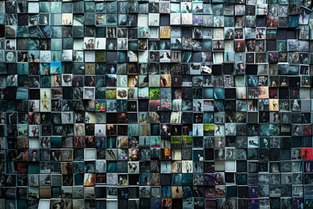 A collection of different pictures displayed on a wall in a random arrangement, A mosaic made of miniature images representing bits of data on a NAS, AI Generatedの素材