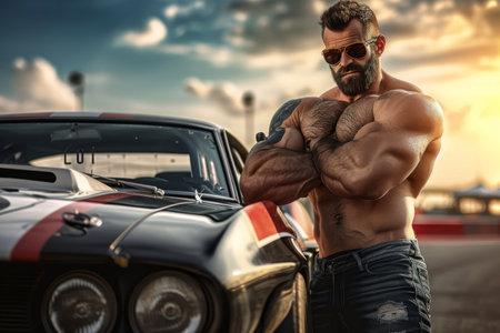 A shirtless man stands confidently next to a sleek car, showcasing his physique, A muscular driver posing next to their winning sports car after a race, AI Generatedの素材