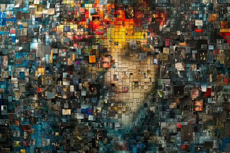 A collection of various photographs displaying different angles and expressions of a womans face, A mosaic made of miniature images representing bits of data on a NAS, AI Generatedの素材