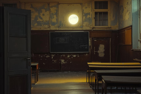 An image of an empty classroom featuring a prominent chalkboard adorning one of the walls, A moonlight illuminated empty classroom, seen from a slightly open door, AI Generatedの素材