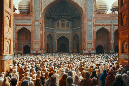 A diverse crowd of individuals gathered in front of a massive building, posing for a collective photograph, A mosque's courtyard filled with worshippers, AI Generatedの素材