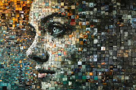 This photo showcases a close-up view of a face created using a mosaic of many differently colored squares, A mosaic made of miniature images representing bits of data on a NAS, AI Generatedの素材