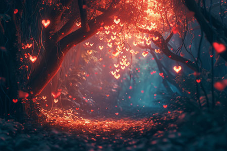 A vibrant forest teeming with numerous trees shaped like hearts, creating a mesmerizing sight, A mysterious forest with heart-shaped leaves and warm romantic lighting, AI Generatedの素材