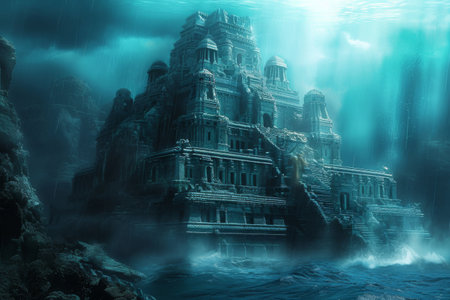 A striking image of an underwater castle situated in the center of a body of water, A mysterious ancient sunken city, hidden deep underneath the ocean waves, AI Generatedの素材