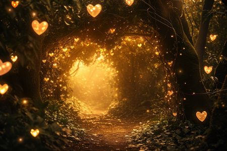 A mesmerizing tunnel illuminated by vibrant lights creates a captivating path through the dense forest, A mysterious forest with heart-shaped leaves and warm romantic lighting, AI Generatedの素材