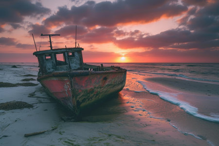 A boat is positioned on top of a sandy beach, creating a picturesque scene of relaxation and coastal beauty, An abandoned fishing boat, stranded at sunset on a deserted beach, AI Generatedの素材