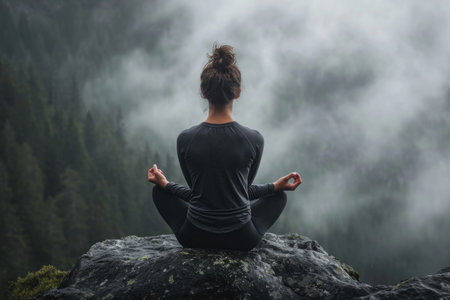 A woman is seated atop a large rock situated in the midst of a dense forest, A mystical interpretation of the connection between fitness and mental health, AI Generatedの素材