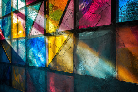 A high-resolution photo showcasing the intricate details and vivid colors of a close-up view of a glass wall, An abstracted view of a stained glass window, AI Generatedの素材