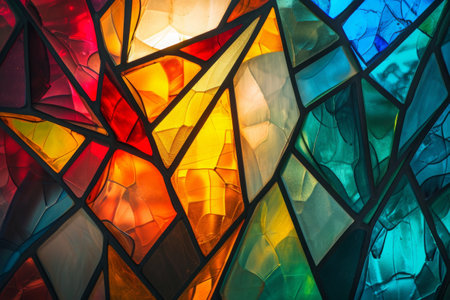 This photo offers a detailed view of a stained glass window, showcasing its intricate patterns and vibrant colors, An abstracted view of a stained glass window, AI Generatedの素材