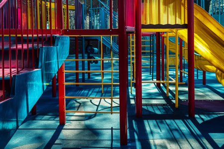 Two Slides: One Yellow and One Red and Yellow, in a Playground, An abstract interpretation of a playground, AI Generatedの素材