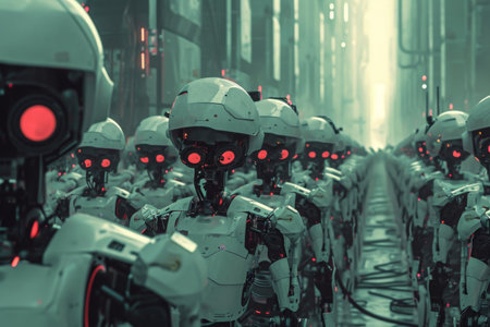 A group of robots, equipped with advanced technology, walking in a synchronized manner down a busy city street, An abstract hoard of futuristic robots, AI Generatedの素材