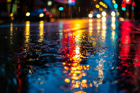 A bustling wet street glistens under the glow of numerous lights, creating a vibrant and lively urban scene, An abstract perspective of city lights reflecting off of a late night rain, AI Generatedの素材