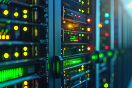 A row of servers neatly arranged in a data center, connected to numerous cables and humming with activity, An abstract representation of NAS (Network Attached Storage) system, AI Generatedの素材