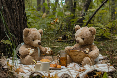 Two teddy bears sitting on a blanket in a forest clearing, surrounded by trees, An adorable plush bear picnic set in the forest, AI Generatedの素材