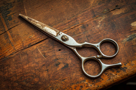 A pair of scissors sits on top of a wooden table, ready for use, An antique set of hairdressing scissors resting on a well-worn wooden table, AI Generatedの素材