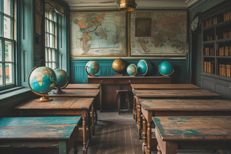 This photo captures a large room filled with a multitude of wooden desks, creating a busy and functional workspace, An antique empty classroom with wooden desks, and globes, AI Generatedの素材