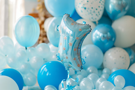 A photo featuring a colorful collection of blue and white balloons arranged together, An array of baby blue birthday balloons for a boy's first birthday, AI Generatedの素材