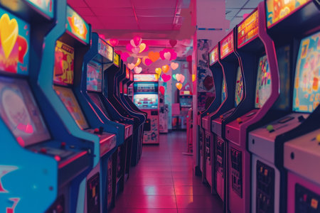A lineup of arcade machines arranged in a neat row, ready to provide entertainment and gaming experiences for players, An arcade-themed pop art Valentine's Day, AI Generatedの素材
