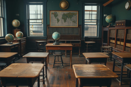 A photograph capturing a room brimming with a multitude of wooden desks, An antique empty classroom with wooden desks, and globes, AI Generatedの素材