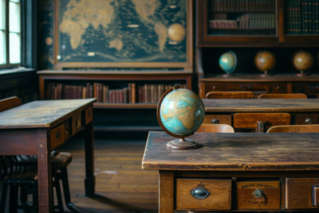 A room filled with wooden desks, each with a globe placed on top, creating a study or classroom ambiance, An antique empty classroom with wooden desks, and globes, AI Generatedの素材