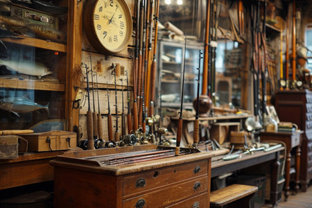 A Room Filled With Wooden Furniture and Clocks, An antique shop displaying vintage fishing rods and old tackle boxes, AI Generatedの素材