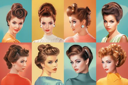 This collection of images features women displaying various hair styles, showcasing diversity and range, An array of retro hairstyles, demonstrating the style evolution over decades, AI Generatedの素材