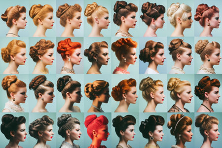 This collection features a variety of photographs showcasing different hair styles worn by a woman, An array of retro hairstyles, demonstrating the style evolution over decades, AI Generatedの素材