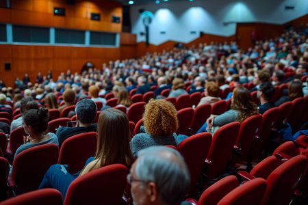 A diverse group of individuals attentively listening to a speaker in a lecture hall filled with rows of seats, An auditorium full of people attending a finance seminar, AI Generatedの素材