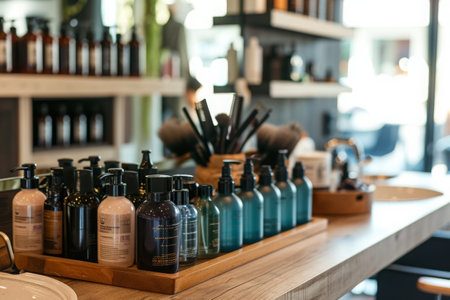 A wooden counter is filled with a variety of bottles, An array of hair products and styling tools in a busy salon, AI Generatedの素材