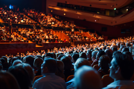 A packed audience fills a sprawling auditorium, engaged in a lively event or performance, An auditorium full of people attending a finance seminar, AI Generatedの素材