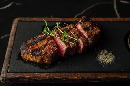 Juicy Steak on Black Plate, An eccentric take on a steak, emphasizing the texture differences between the crispy crust and the tender inside, AI Generatedの素材