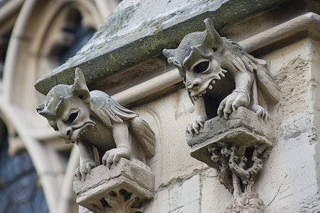 A photo capturing the stone grotesque sculptures, known as gargoyles, on the exterior facade of a building, Ancient stone gargoyles perched on Gothic architecture, AI Generatedの素材