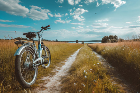 A bike is parked alongside a dirt road in a vast and open field surrounded by nature, An electric bike in a serene countryside, AI Generatedの素材