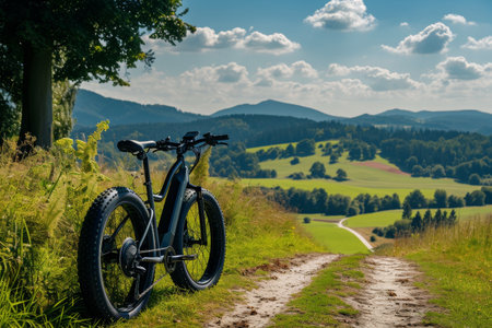 A bike is parked on the side of a dirt road surrounded by trees and bushes, An electric bike in a serene countryside, AI Generatedの素材