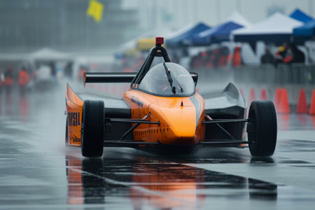 An orange race car zooms down a wet race track, leaving a trail of splashing water behind it, An electric car racing competition, AI Generatedの素材