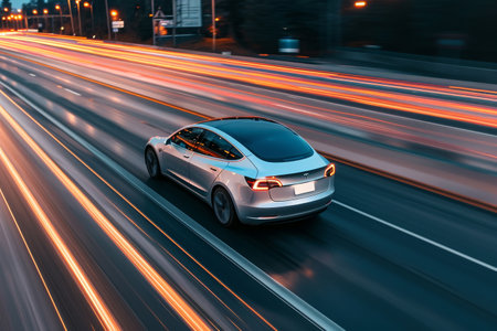 A white car drives down a street at night, illuminated by the city lights, An electric car traveling on a highway, AI Generatedの素材
