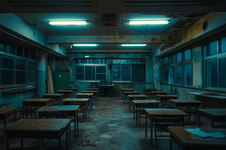 The photo showcases a spacious room containing numerous wooden tables and chairs arranged neatly, An empty, eerie classroom sparsely lit by a single overhead light, AI Generatedの素材