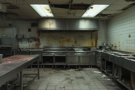 A kitchen with a disordered floor covered in a multitude of dirty objects and substances, An emotional portrayal of a closed down restaurant kitchen, AI Generatedの素材
