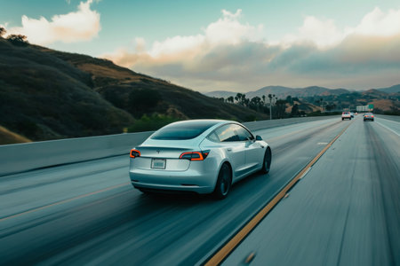 A silver car drives down a highway next to the majestic mountains, An electric car traveling on a highway, AI Generatedの素材