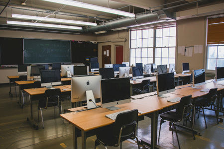 A photograph of an unoccupied classroom filled with empty desks and computers, An empty classroom with rows of computers, symbolizing the shift towards digital learning, AI Generatedの素材