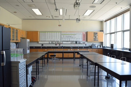 A Lab With Tables, Chairs, and a Refrigerator, An empty high school science classroom with lab equipment and periodic table on the wall, AI Generatedの素材