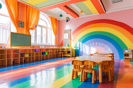 Colorful Room With Rainbow Painted Floor and Tables and Chairs, An empty kindergarten classroom decorated with rainbow colors, AI Generatedの素材