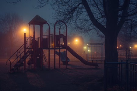 A foggy park featuring a brightly lit up play set standing amidst the mist, An empty playground under the eerie glow of streetlights, AI Generatedの素材
