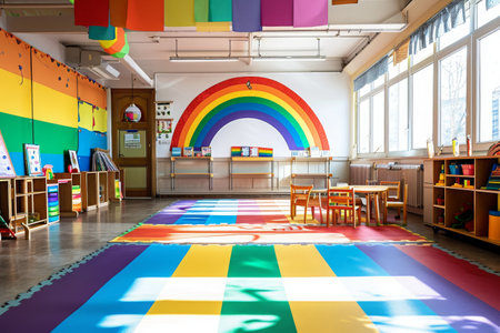 A vibrant room adorned with a multitude of colorful rugs and various tables, An empty kindergarten classroom decorated with rainbow colors, AI Generatedの素材
