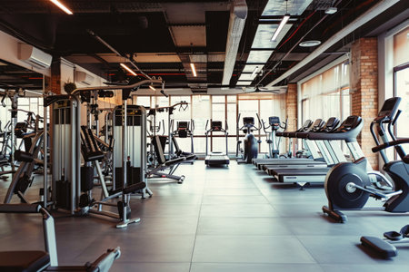 A Gym Filled With a Variety of Exercise Equipment, An empty gym filled with various types of fitness equipment, AI Generatedの素材
