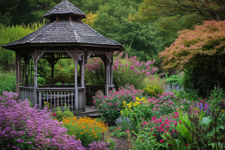 A gazebo nestled among a variety of vibrant flowers and lush trees, creating a striking and lively scene of nature, An enchanting gazebo surrounded by an English garden in full bloom, AI Generatedの素材